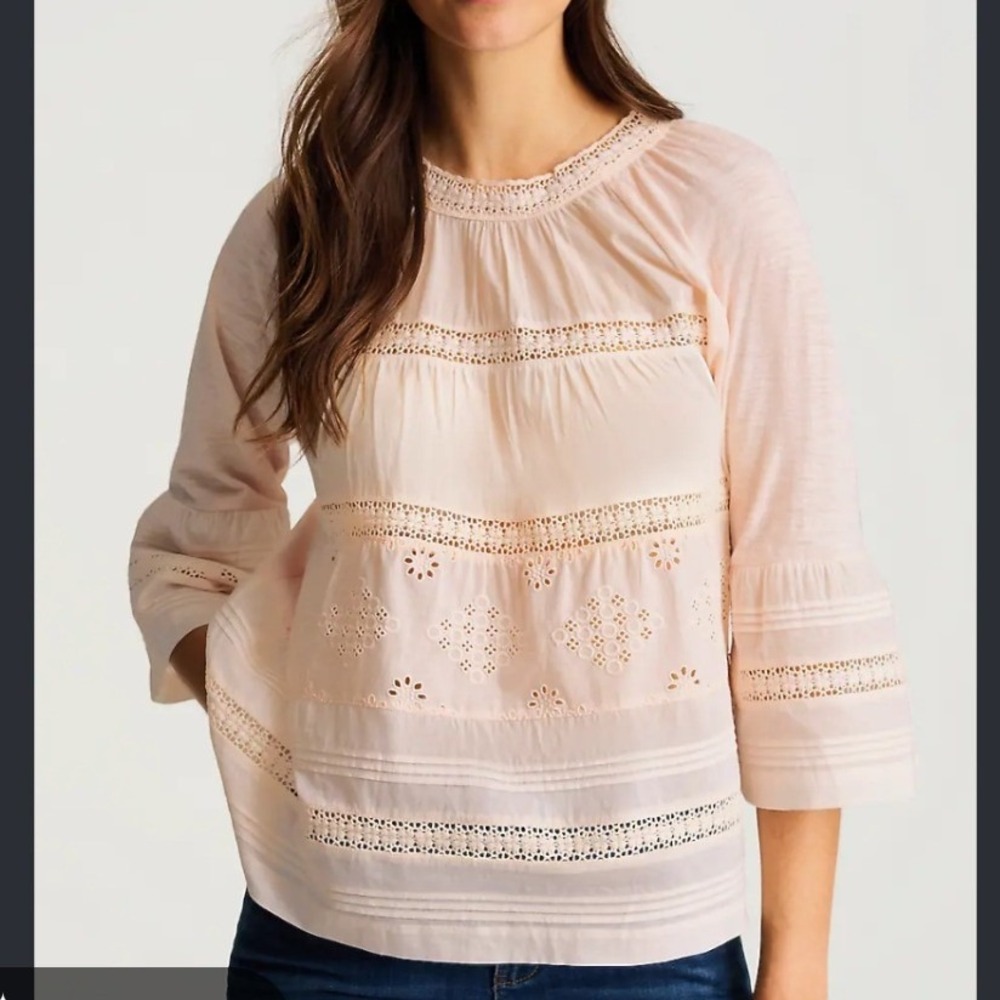 J.Jill Cotton Eyelet Mixed-Media Pale Pink Blouse Women Large Cottagecore Boho